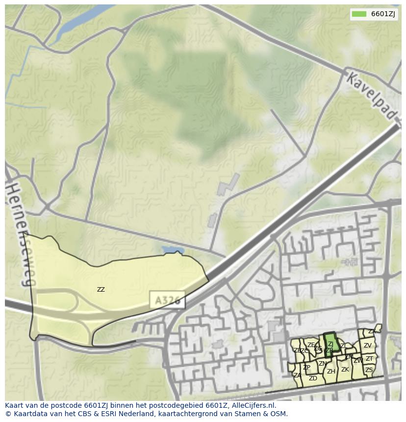 Afbeelding van het postcodegebied 6601 ZJ op de kaart.