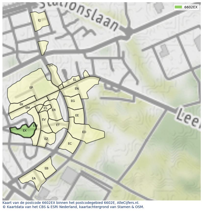 Afbeelding van het postcodegebied 6602 EX op de kaart.