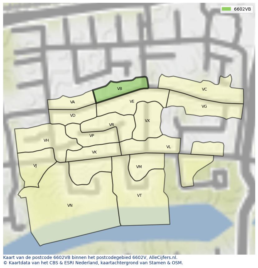 Afbeelding van het postcodegebied 6602 VB op de kaart.