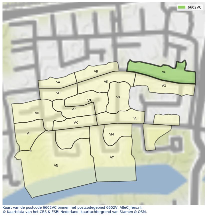 Afbeelding van het postcodegebied 6602 VC op de kaart.