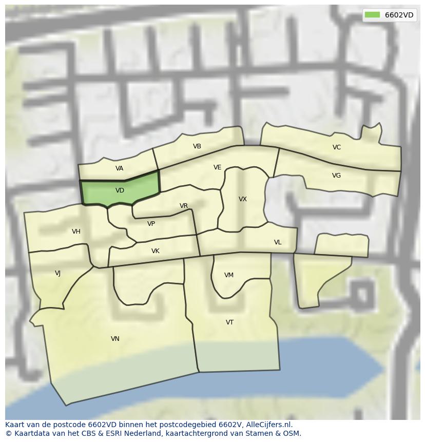 Afbeelding van het postcodegebied 6602 VD op de kaart.