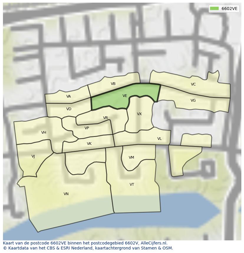 Afbeelding van het postcodegebied 6602 VE op de kaart.