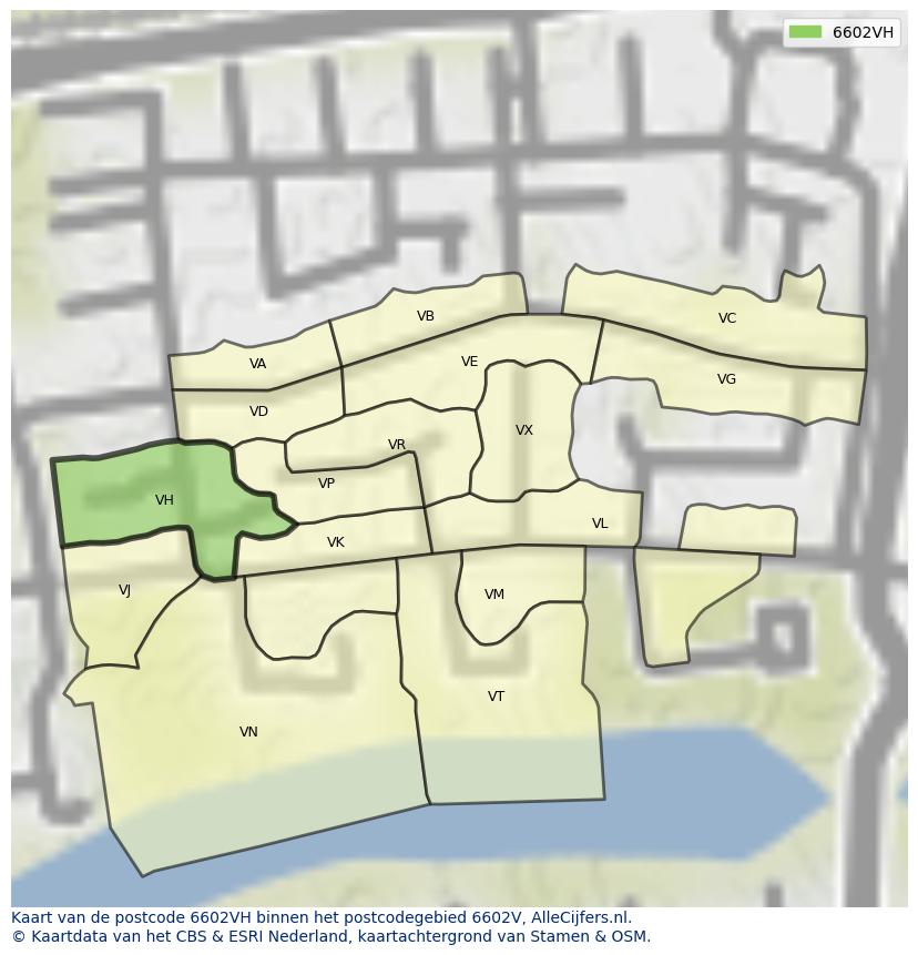 Afbeelding van het postcodegebied 6602 VH op de kaart.