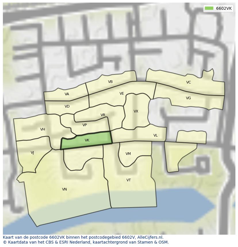 Afbeelding van het postcodegebied 6602 VK op de kaart.