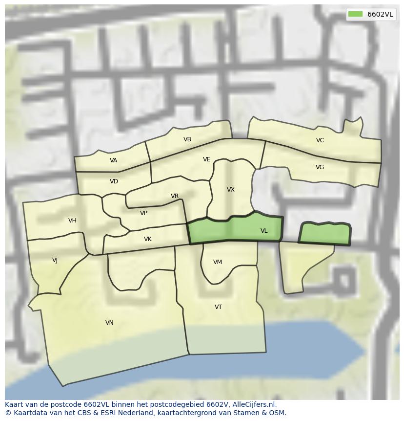 Afbeelding van het postcodegebied 6602 VL op de kaart.