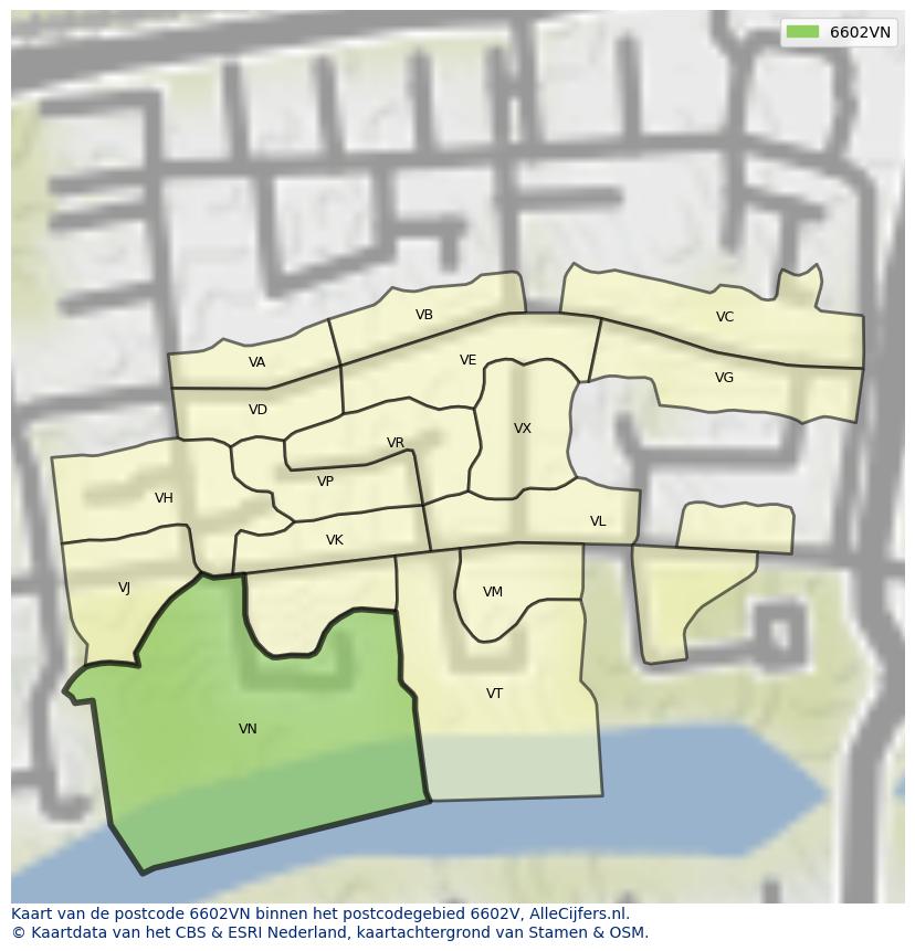 Afbeelding van het postcodegebied 6602 VN op de kaart.