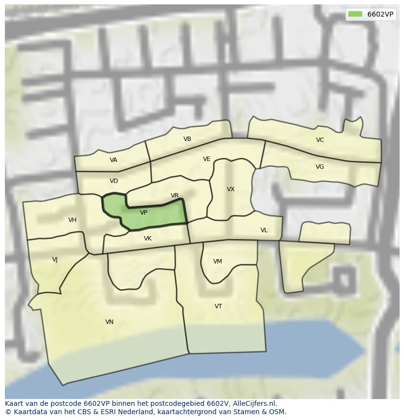 Afbeelding van het postcodegebied 6602 VP op de kaart.