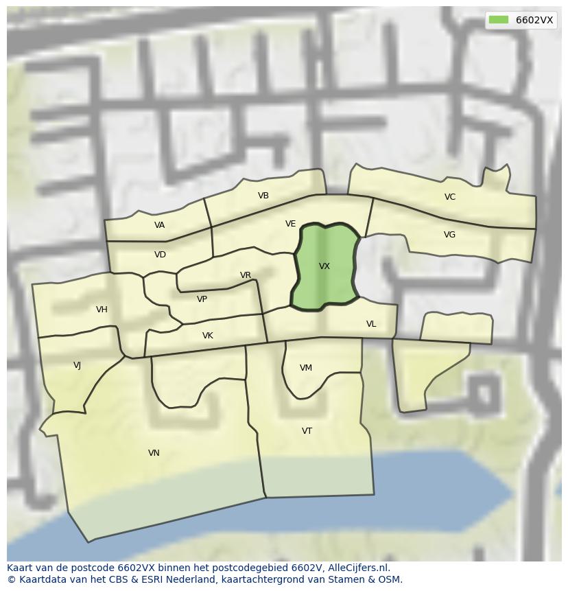 Afbeelding van het postcodegebied 6602 VX op de kaart.