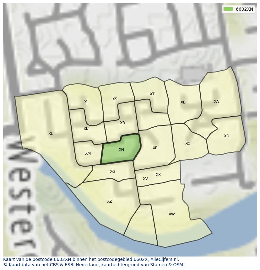 Afbeelding van het postcodegebied 6602 XN op de kaart.