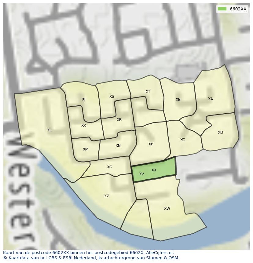 Afbeelding van het postcodegebied 6602 XX op de kaart.