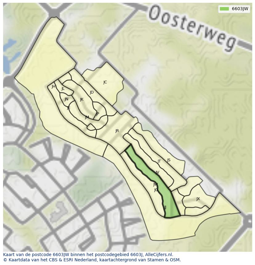 Afbeelding van het postcodegebied 6603 JW op de kaart.