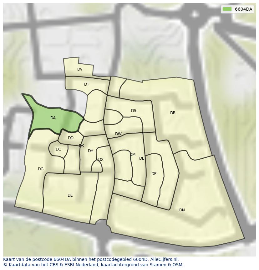 Afbeelding van het postcodegebied 6604 DA op de kaart.