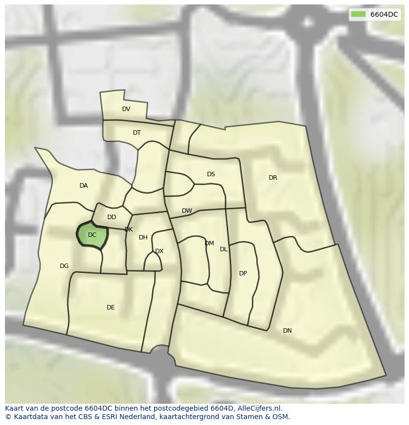 Afbeelding van het postcodegebied 6604 DC op de kaart.