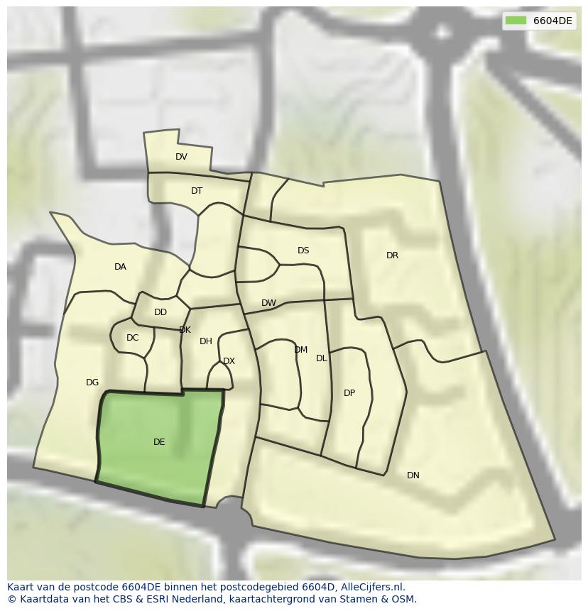 Afbeelding van het postcodegebied 6604 DE op de kaart.