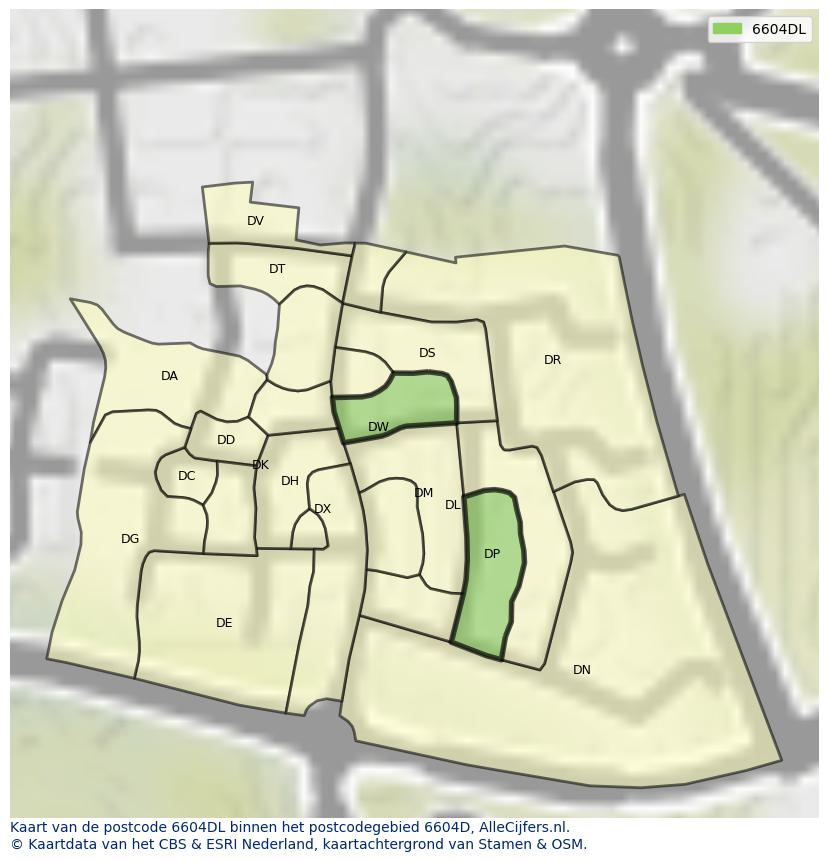 Afbeelding van het postcodegebied 6604 DL op de kaart.