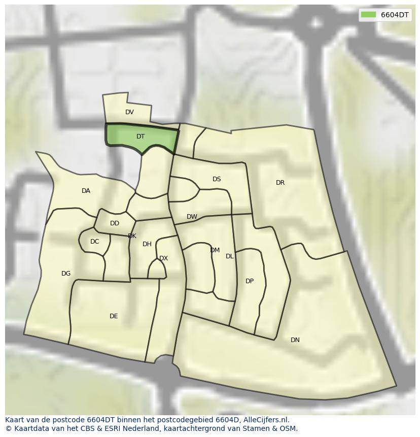 Afbeelding van het postcodegebied 6604 DT op de kaart.