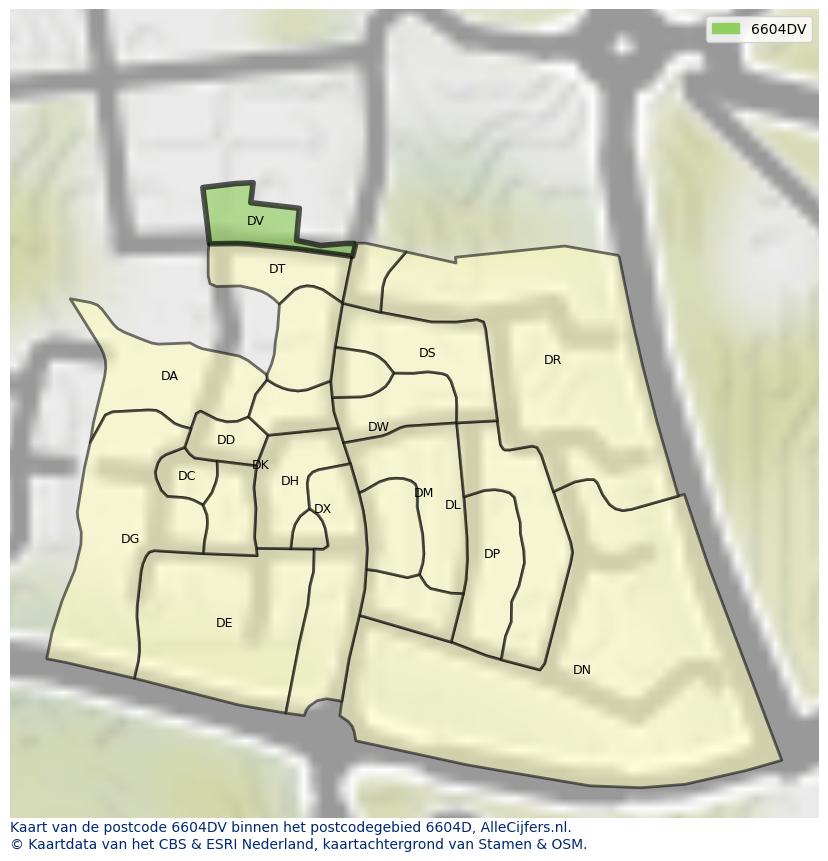 Afbeelding van het postcodegebied 6604 DV op de kaart.