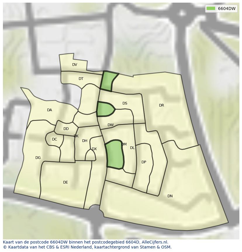 Afbeelding van het postcodegebied 6604 DW op de kaart.