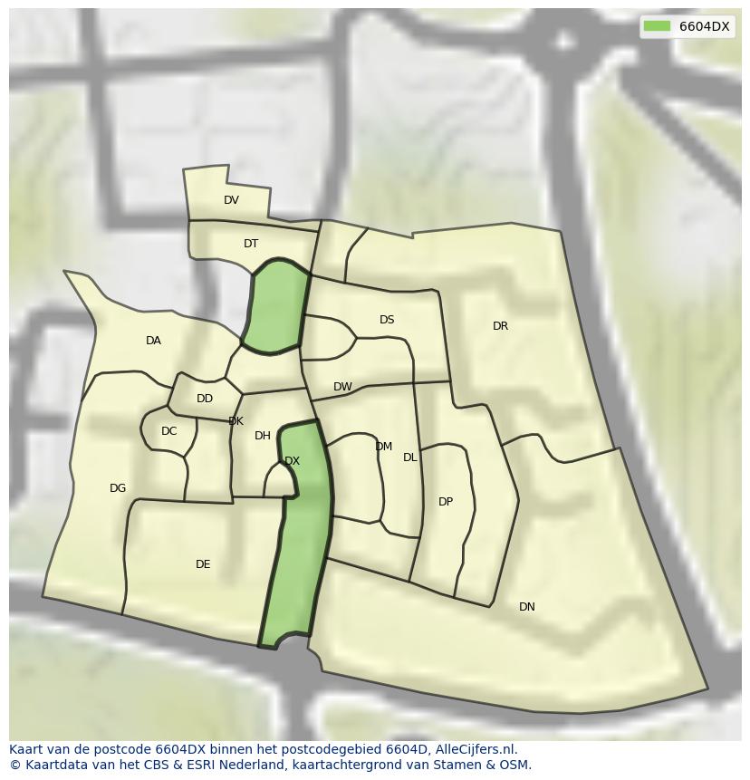 Afbeelding van het postcodegebied 6604 DX op de kaart.
