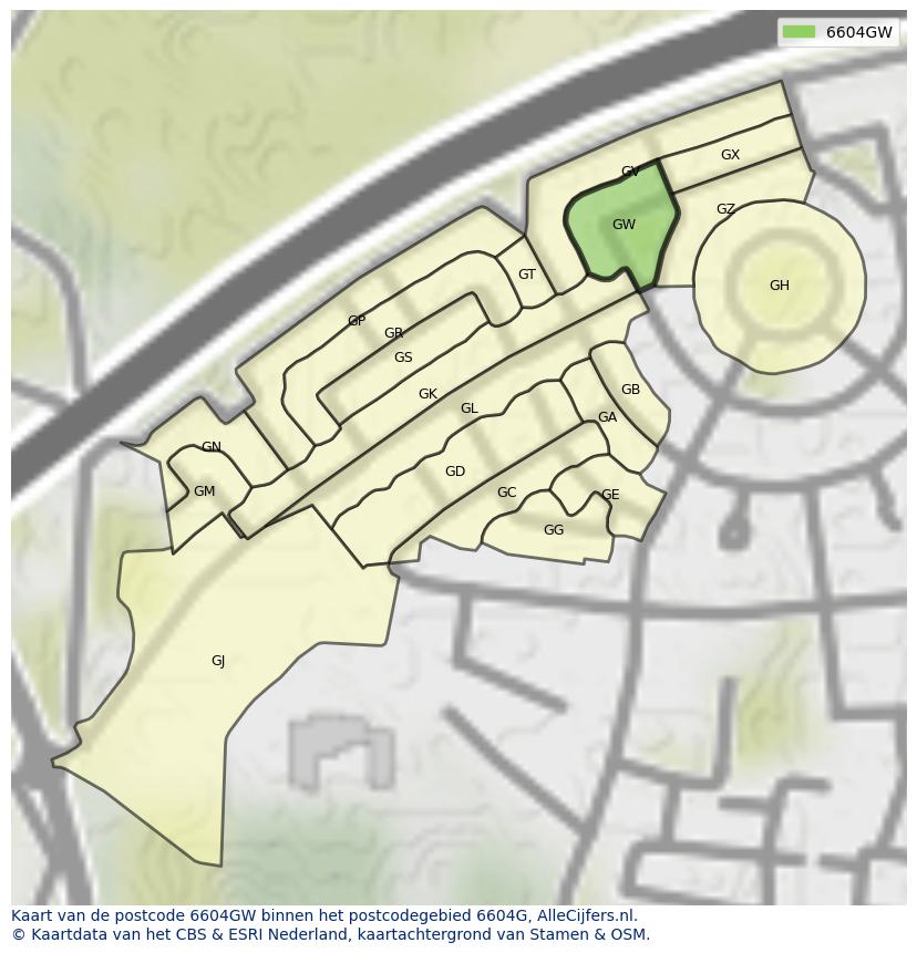 Afbeelding van het postcodegebied 6604 GW op de kaart.