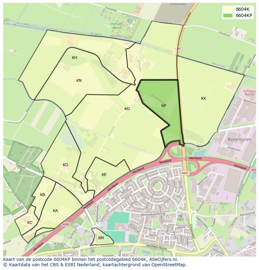 Afbeelding van het postcodegebied 6604 KP op de kaart.