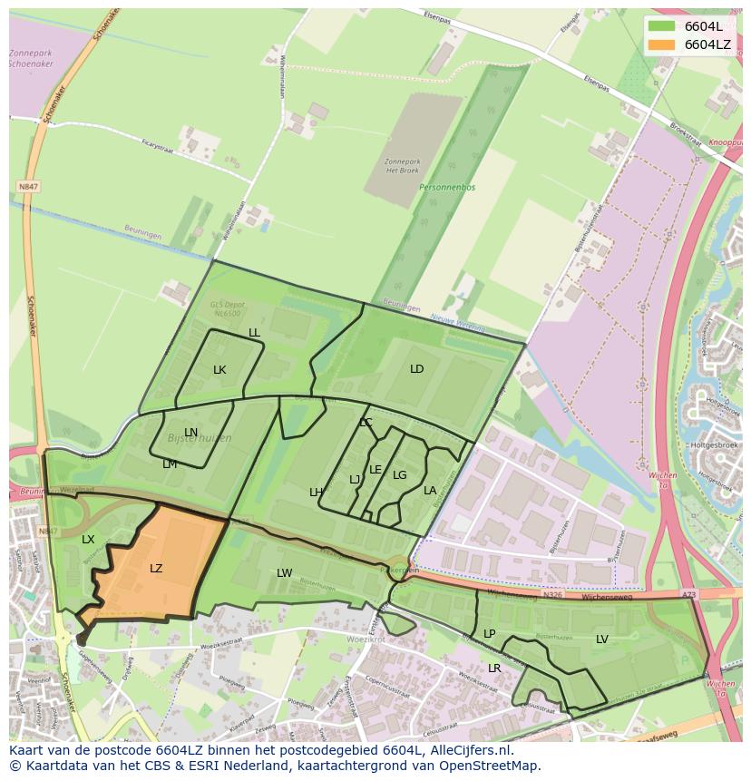 Afbeelding van het postcodegebied 6604 LZ op de kaart.