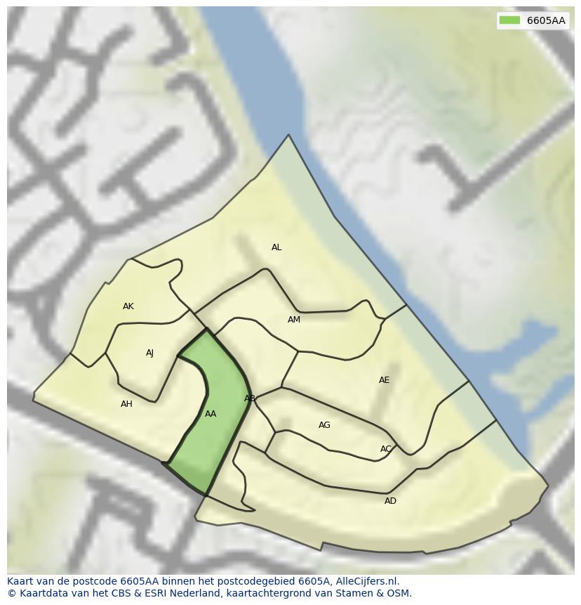 Afbeelding van het postcodegebied 6605 AA op de kaart.