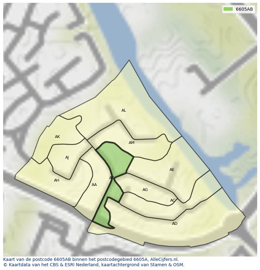 Afbeelding van het postcodegebied 6605 AB op de kaart.