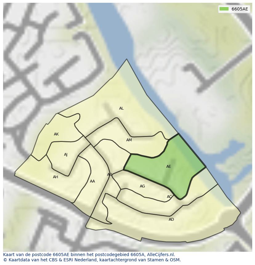 Afbeelding van het postcodegebied 6605 AE op de kaart.