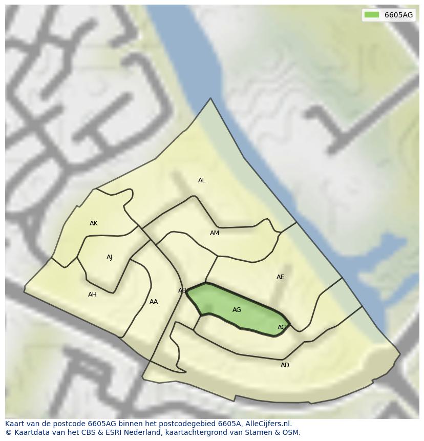 Afbeelding van het postcodegebied 6605 AG op de kaart.