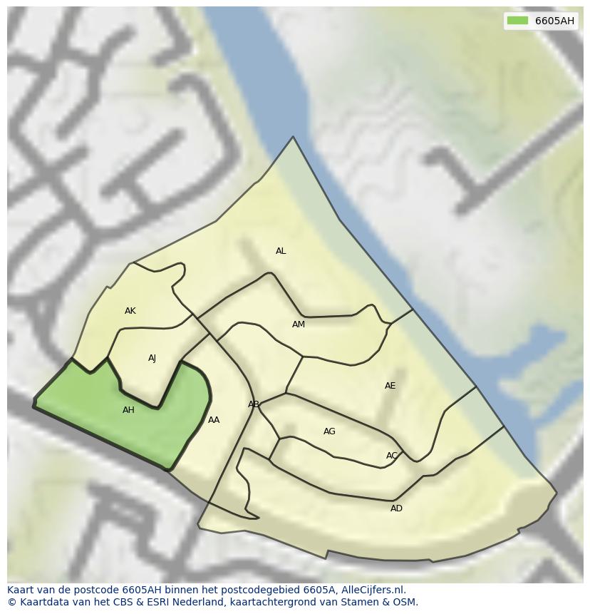 Afbeelding van het postcodegebied 6605 AH op de kaart.