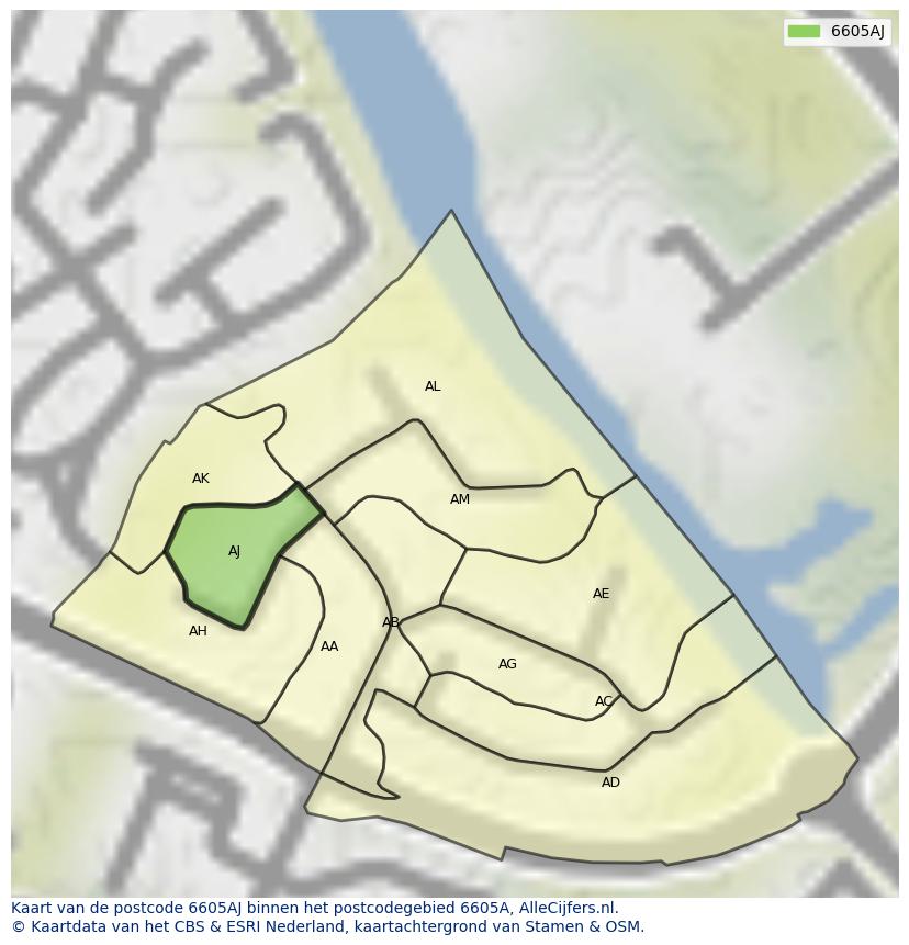 Afbeelding van het postcodegebied 6605 AJ op de kaart.