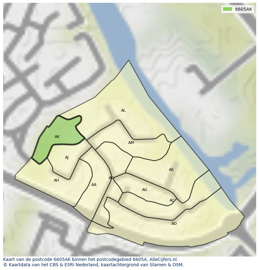 Afbeelding van het postcodegebied 6605 AK op de kaart.