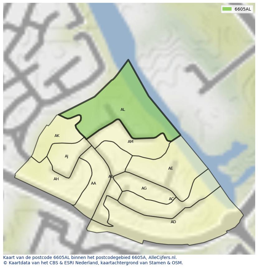 Afbeelding van het postcodegebied 6605 AL op de kaart.