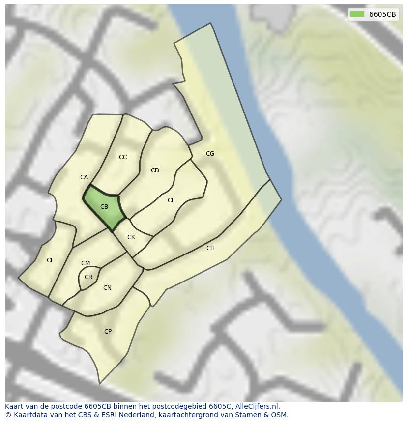 Afbeelding van het postcodegebied 6605 CB op de kaart.