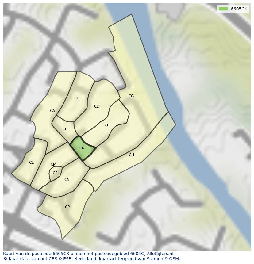 Afbeelding van het postcodegebied 6605 CK op de kaart.