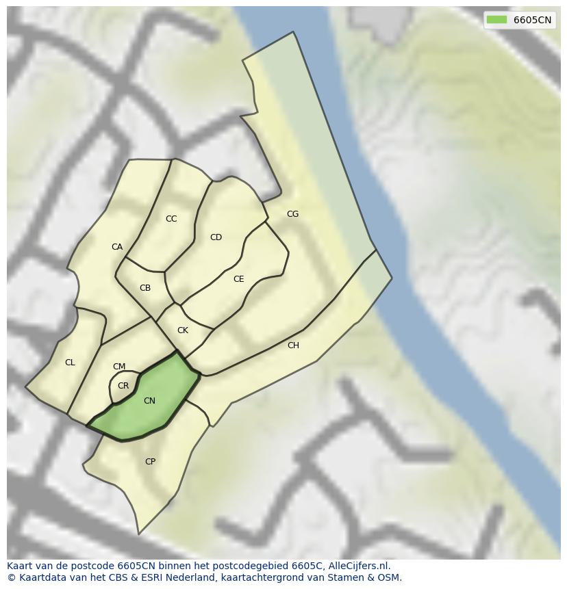 Afbeelding van het postcodegebied 6605 CN op de kaart.