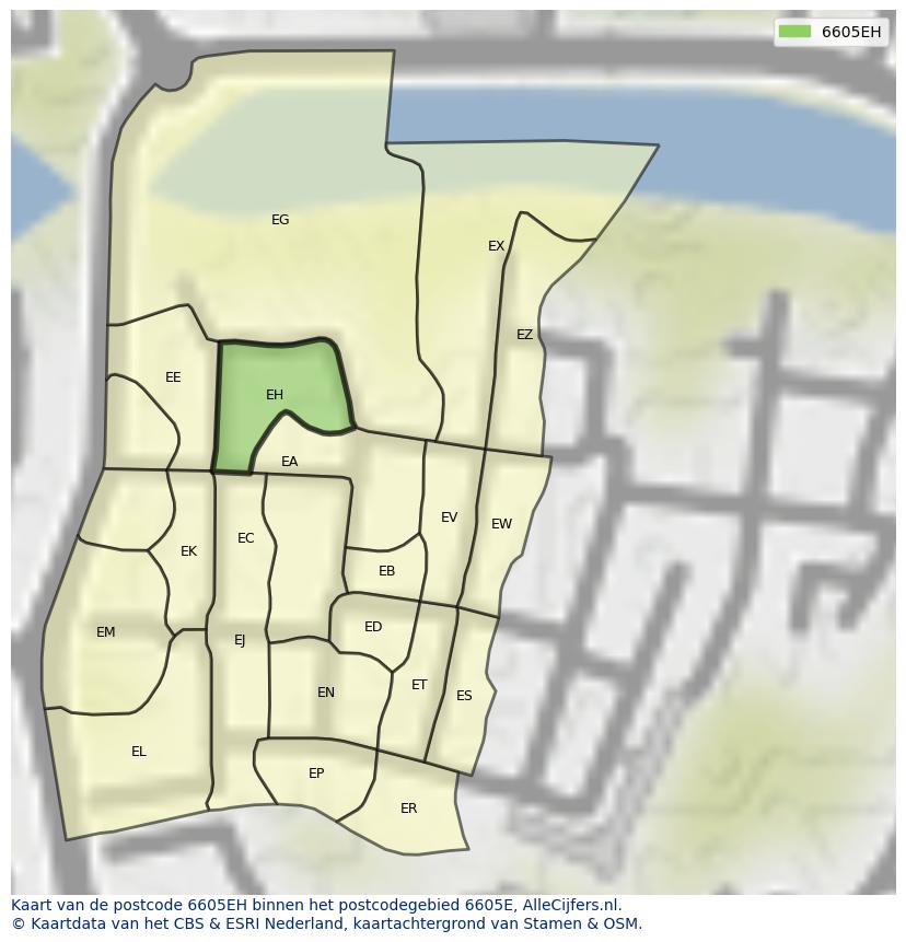 Afbeelding van het postcodegebied 6605 EH op de kaart.
