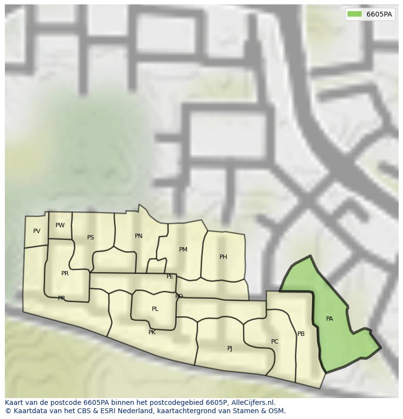 Afbeelding van het postcodegebied 6605 PA op de kaart.