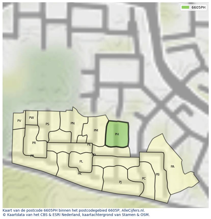 Afbeelding van het postcodegebied 6605 PH op de kaart.