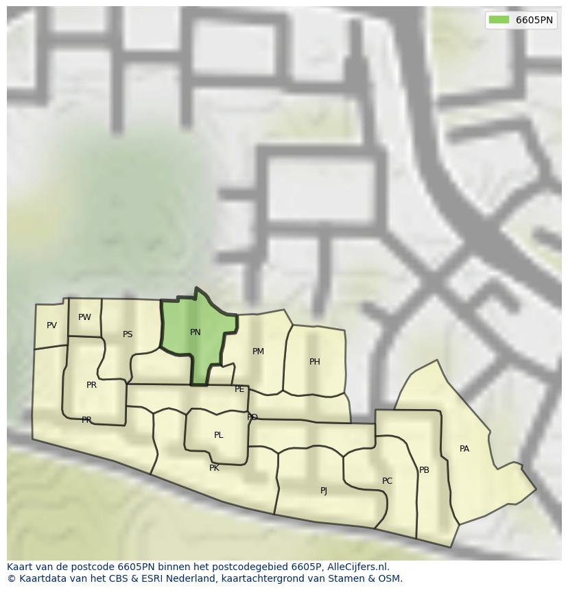 Afbeelding van het postcodegebied 6605 PN op de kaart.