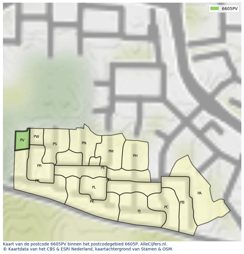 Afbeelding van het postcodegebied 6605 PV op de kaart.