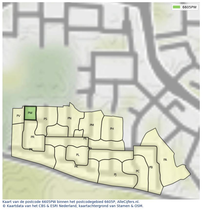 Afbeelding van het postcodegebied 6605 PW op de kaart.