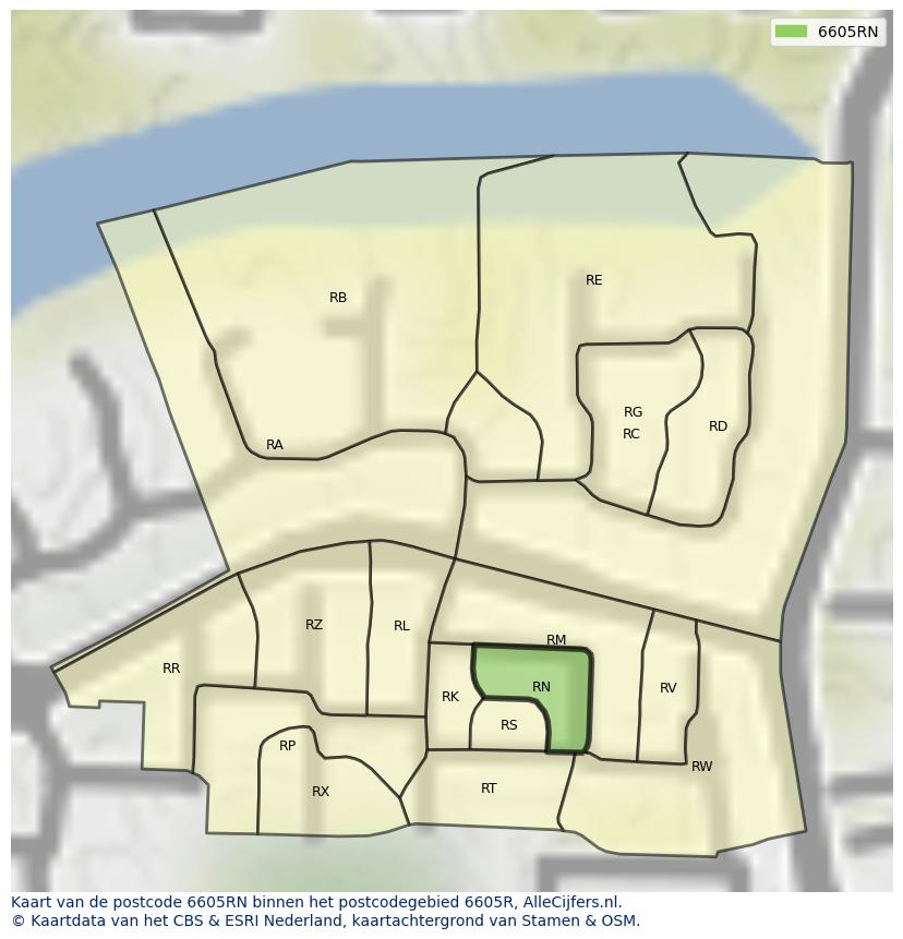 Afbeelding van het postcodegebied 6605 RN op de kaart.