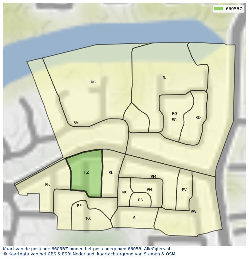 Afbeelding van het postcodegebied 6605 RZ op de kaart.