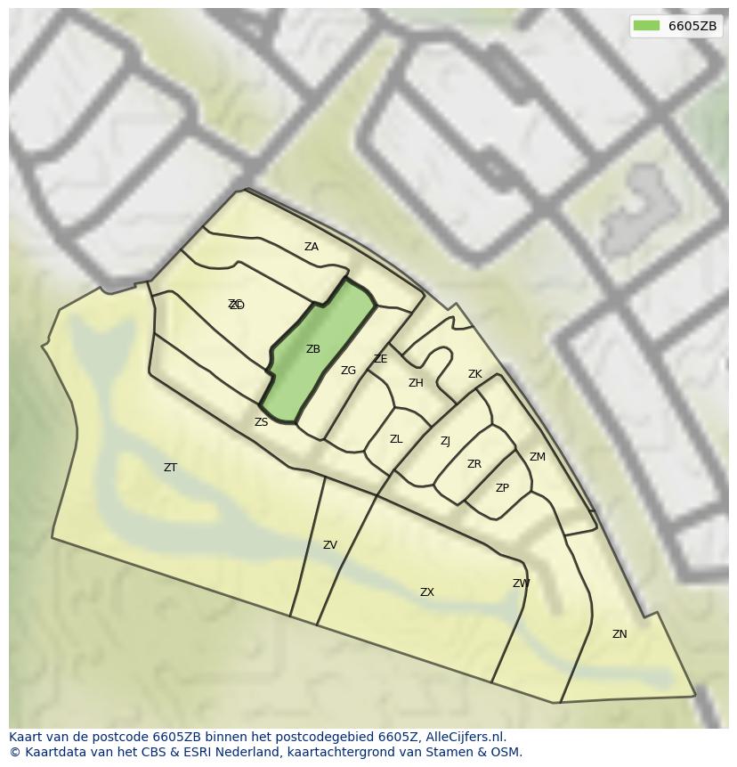 Afbeelding van het postcodegebied 6605 ZB op de kaart.