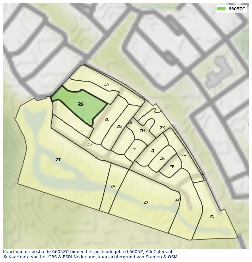 Afbeelding van het postcodegebied 6605 ZC op de kaart.