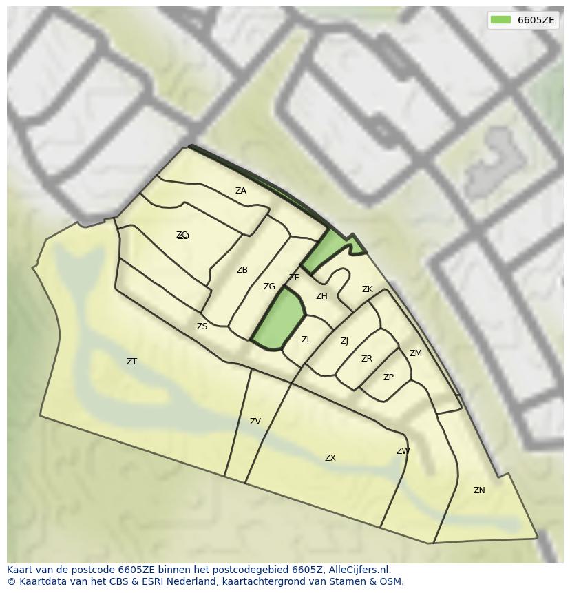 Afbeelding van het postcodegebied 6605 ZE op de kaart.