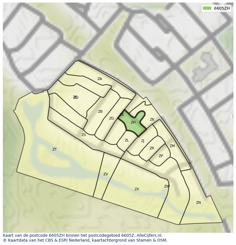 Afbeelding van het postcodegebied 6605 ZH op de kaart.