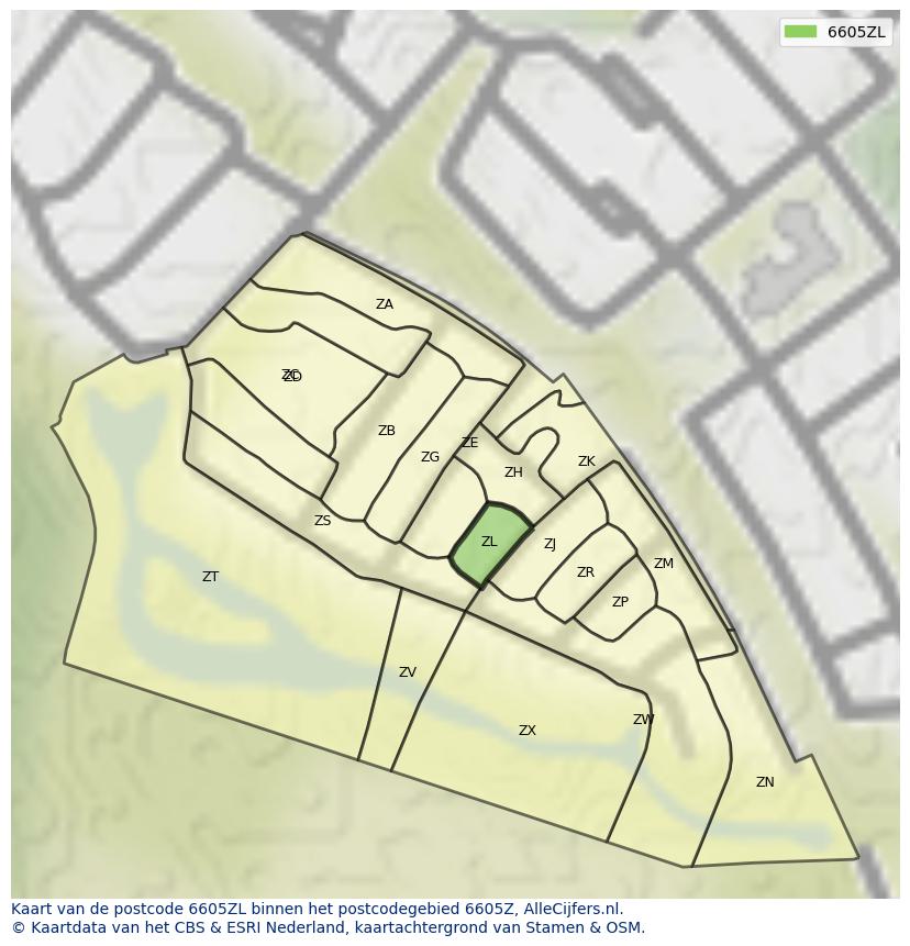 Afbeelding van het postcodegebied 6605 ZL op de kaart.